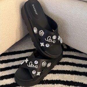 BAMBOO Black Rhinestone 'Love' Platform Slide Mules
